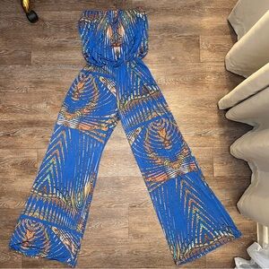 Vintage Vision USA Tribal Print Strapless Palazzo Jumpsuit - Blue Multi